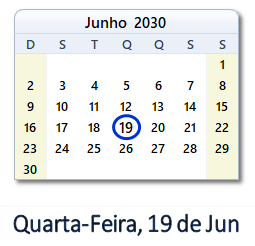 19 Junho 2030 calendario