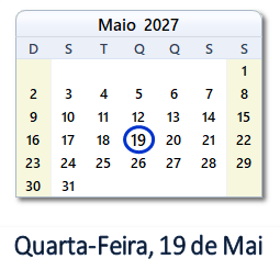 19 Maio 2027 calendario