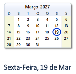 19 Março 2027 calendario