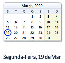 19 Março 2029 calendario
