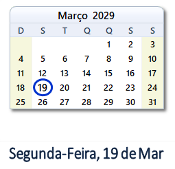 19 Março 2029 calendario