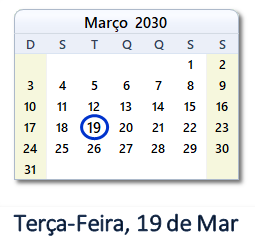 19 Março 2030 calendario