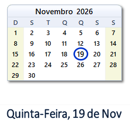 19 Novembro 2026 calendario