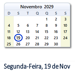 19 Novembro 2029 calendario