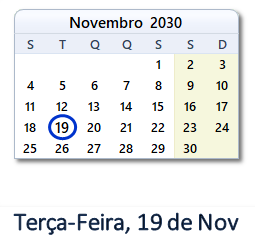 19 Novembro 2030 calendario