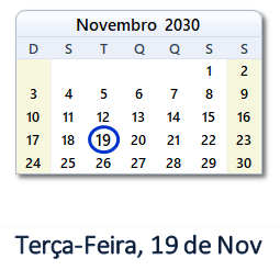 19 Novembro 2030 calendario