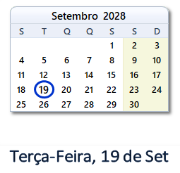 19 Setembro 2028 calendario