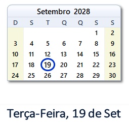 19 Setembro 2028 calendario