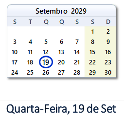 19 Setembro 2029 calendario