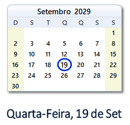 19 Setembro 2029 calendario