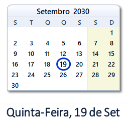 19 Setembro 2030 calendario