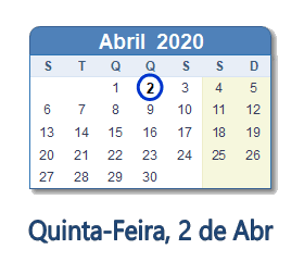 2 Abril 2020 calendario