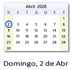 2 Abril 2028 calendario