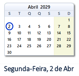 2 Abril 2029 calendario