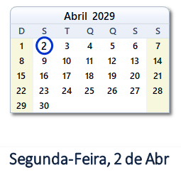 2 Abril 2029 calendario
