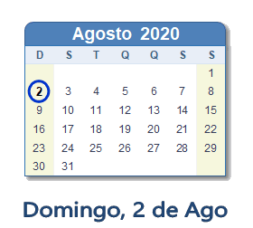 2 Agosto 2020 calendario