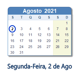 2 Agosto 2021 calendario