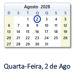 2 Agosto 2028 calendario