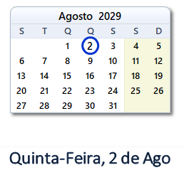 2 Agosto 2029 calendario