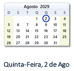2 Agosto 2029 calendario