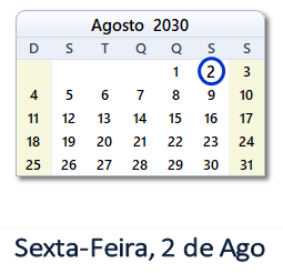 2 Agosto 2030 calendario