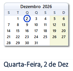 2 Dezembro 2026 calendario