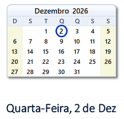 2 Dezembro 2026 calendario