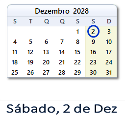 2 Dezembro 2028 calendario