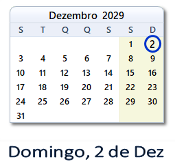 2 Dezembro 2029 calendario