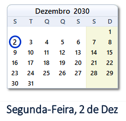 2 Dezembro 2030 calendario