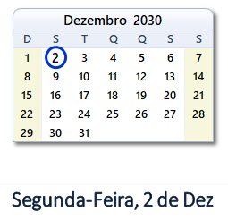 2 Dezembro 2030 calendario