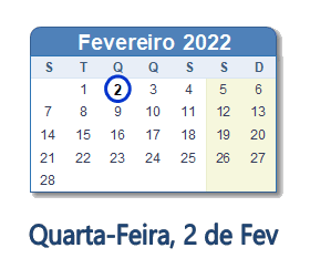2 Fevereiro 2022 calendario