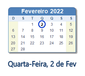 2 Fevereiro 2022 calendario