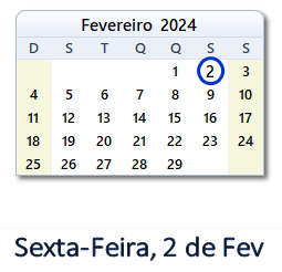 2 Fevereiro 2024 calendario