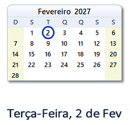 2 Fevereiro 2027 calendario