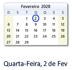 2 Fevereiro 2028 calendario