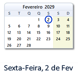 2 Fevereiro 2029 calendario