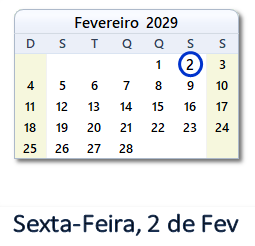 2 Fevereiro 2029 calendario