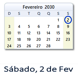 2 Fevereiro 2030 calendario