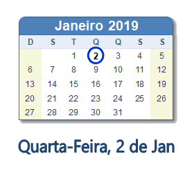 2 Janeiro 2019 calendario
