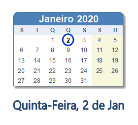 2 Janeiro 2020 calendario