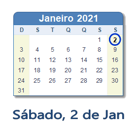 2 Janeiro 2021 calendario