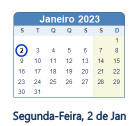 2 Janeiro 2023 calendario