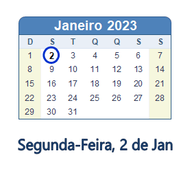 2 de Jan, 2023 Calendário com Feriados e Cont. Regressiva - BRA