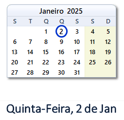 2 Janeiro 2025 calendario