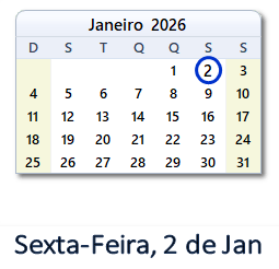 2 Janeiro 2026 calendario