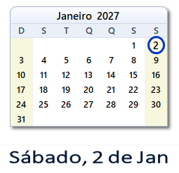 2 Janeiro 2027 calendario