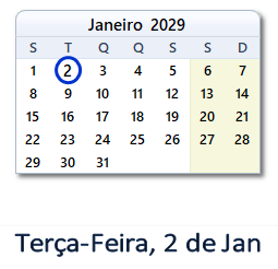2 Janeiro 2029 calendario