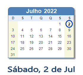 2 Julho 2022 calendario