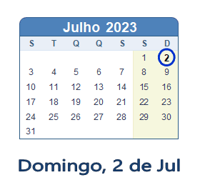 2 Julho 2023 calendario